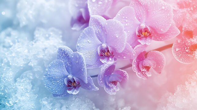 Fototapeta Blue and pink orchid blossoms with water droplets amidst ice crystals for romantic themes