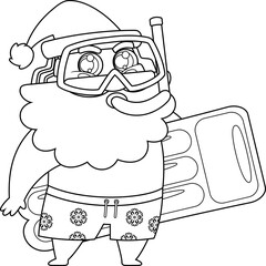 Summer Santa Claus Cartoon Character Holding Inflatable Mattress and Wearing Snorkel Gear