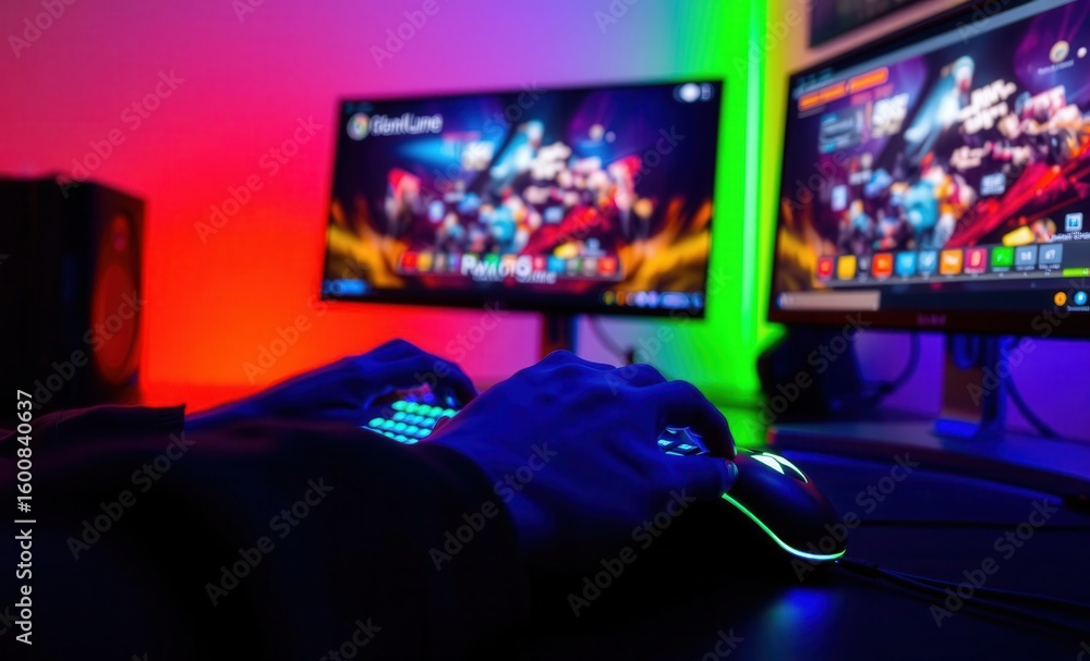Poster gamer's hands on a colorful backlit keyboard and mouse playing a game on dual monitors in a vibrant 