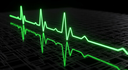 Green electrocardiogram waveform on a dark grid background representing health and technology
