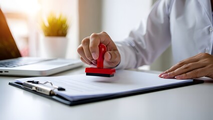 Close-up of hand using a red stamp on a legal document, indicating confirmation or validation in administrative work. 