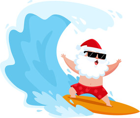Summer Santa Claus Surfing On Big Ocean Wave With Open Arms - Vector Illustration Flat Design Isolated On Transparent Background