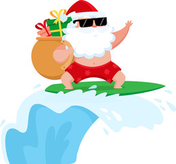 Summer Santa Claus Surfing With Big Bag Of Gifts And Waving Hand - Vector Illustration Flat Design Isolated On Transparent Background