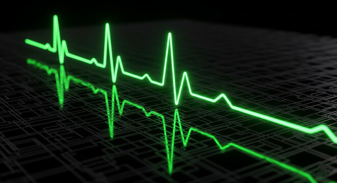 Green electrocardiogram waveform on a dark grid background representing health and technology