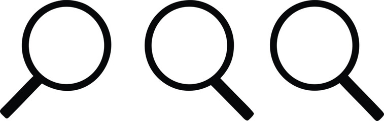 Three simple black magnifying glasses on a white background.