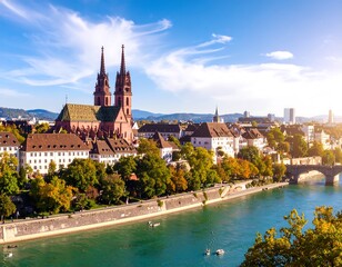 Fototapeta premium Panoramic city view, cathedral, river