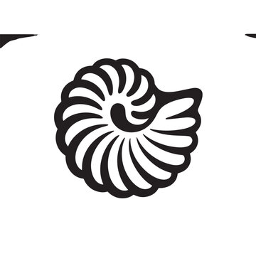 Stylized black and white illustration of a nautilus shell with a classic fibonacci spiral pattern isolated on white background
