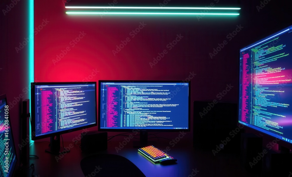 Fototapete modern computer workstation with coding on multiple screens illuminated keyboards and vibrant lights