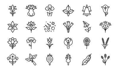 Collection of 24 Minimalist Flower and Botanical Icons in Black Line Art Style on White Background – Simple, Elegant Silhouette Floral Vector Set for Nature, Garden, Spa, Organic, and Eco Design Proje