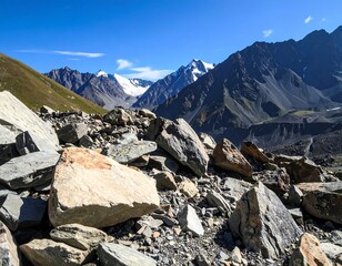 Mountain rocks and snow-capped peaks