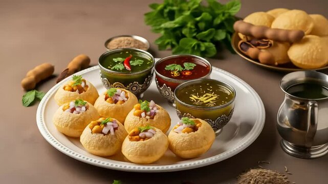 Indian Street Food Arrangement Featuring Pani Puri with Chickpeas Herbs and Spices on White Plate