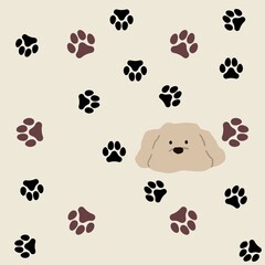 Fototapeta premium Cute dog paw with a smiling puppy on beige background. Playful cartoon design perfect for kids’ products, pet accessories, and baby textiles.
