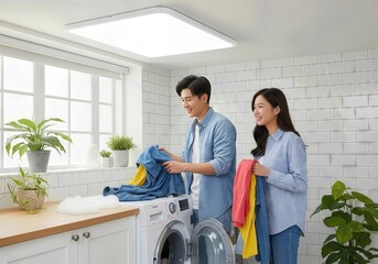 Happy Young East Asian Couple Laughing Together While Doing Laundry in a Bright Modern Home