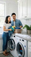 Happy Young East Asian Couple Laughing Together While Doing Laundry in a Bright Modern Home