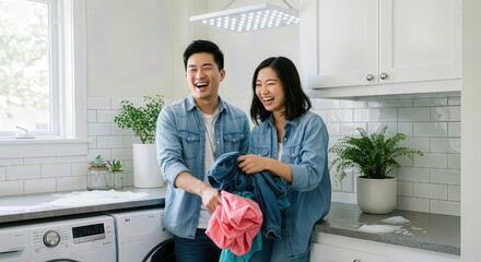 Happy Young East Asian Couple Laughing Together While Doing Laundry in a Bright Modern Home