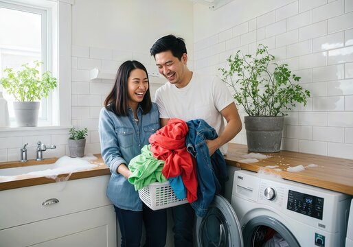 Happy Young East Asian Couple Laughing Together While Doing Laundry in a Bright Modern Home - Powered by Adobe