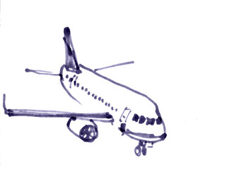 airport ,airplane, travel sketch, black and white drawing. 