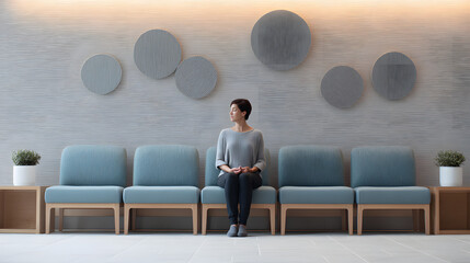 Woman calmly seated  in a pastel waiting room. Ideal for healthcare, meditation, or aging with dignity themes. Serene and respectful composition.