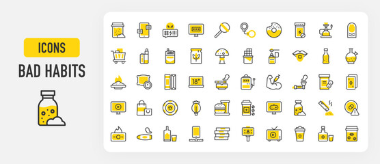 Bad habits icons. Overdose, Nail Biting, Abuse, Pornography, Ghb, Watching Tv, Sex Addict, Steroids, Sweet Food, Cigarette, Movie, Wasteful, Selfie, Crack vector stroke illustration.	

