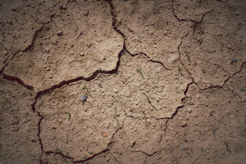 A cracked and broken surface with dirt and rocks scattered around