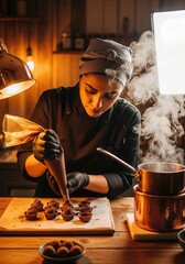  Chocolatier's Hands Carefully Crafting Handmade Truffles in a Warm Artisan Kitchen