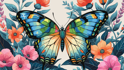 vibrant butterfly, beautifully illustrated, surrounded by colorful flowers and foliage, in a detailed design
