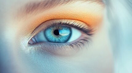 Close-up of a mesmerizing blue eye with golden eyeshadow and long lashes for beauty concept