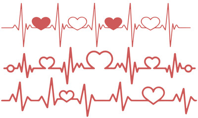 Red heartbeat line collection with heart symbol, cardiology, medical pulse, ECG, EKG design, healthcare clipart vector illustration, health monitoring, digital heartbeat graphics