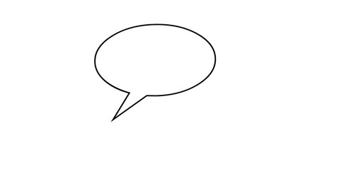 Black outlined speech bubble graphic on white background with a pointed tail for communication and dialogue
