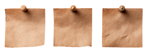 Three blank, light brown, square sticky notes, pinned