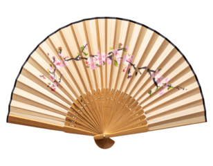 Japanese hand fan with cherry blossom design, isolated on a transparent background