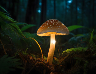 mushroom in the jungle, glowing mushroom in the night background, mushroom in the forest