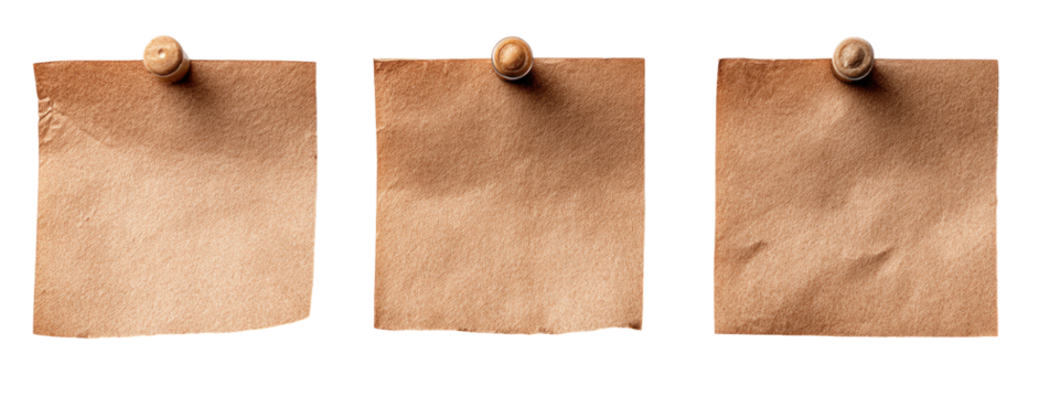 Three blank, light brown, square sticky notes, pinned