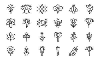 Collection of 24 Minimalist Flower and Botanical Icons in Black Line Art Style on White Background &ndash; Simple, Elegant Silhouette Floral Vector Set for Nature, Garden, Spa, Organic, and Eco Design Proje
