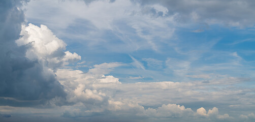 White puffy cumulus clouds drifting across a clear blue sky