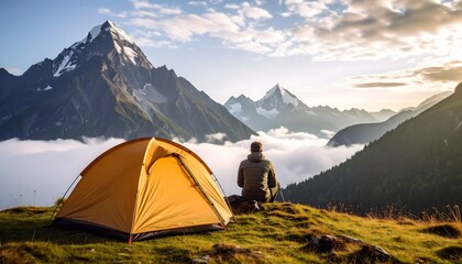 Hiker rests by tent mountain vista