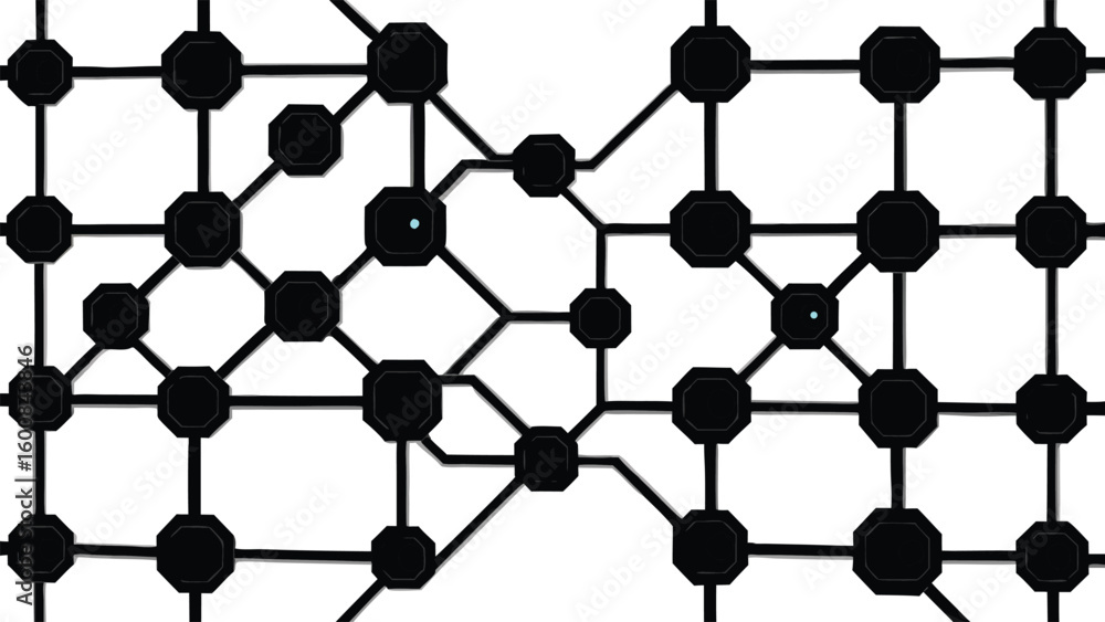 Poster abstract geometric pattern of interconnected black nodes and lines forming a complex network structu