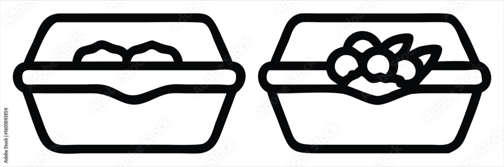 Poster two stylized black and white line art icons representing a closed trash can and an open trash can wi