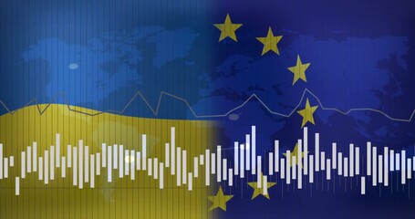 Opening split Ukrainian and EU flags driving pulsing waveform and moving graphs mapping data links - Powered by Adobe