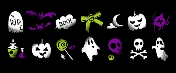 Set of grainy Halloween icons in playful spooky style. Hand drawn silhouettes of ghosts, pumpkins, skulls, bats, potion bottles, candies, moon, spider, tombstone. Creative retro stickers, decorations.