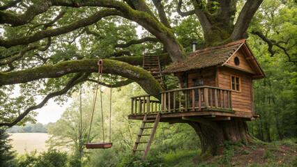 A rustic, wooden treehouse nestled among the branches of a large, mature tree in a lush, green forest.