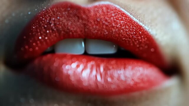 Close-up of woman's lips with red textured lipstick.
