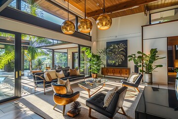 Naklejka premium Modern home interior with stylish furniture, natural light, and open floor plan design