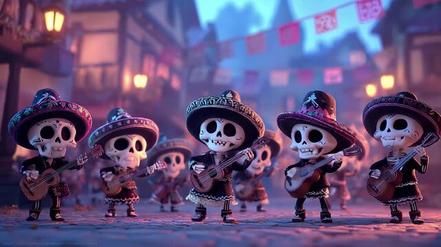 Cute Skeleton Band Playing Guitars [Day of the Dead Festival Cartoon Celebration]