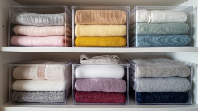 Soft towels and blankets in clear bins create an inviting, organized space on the shelves.