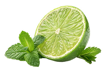 Fresh Lime Slice with Mint Leaves Isolated on White Background