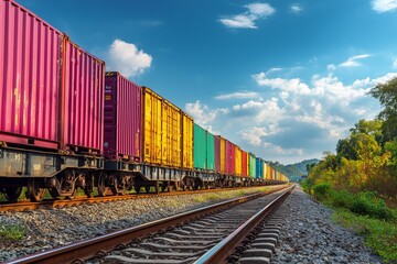 Fototapeta premium Colorful freight train containers on railway track in countryside under bright blue sky.