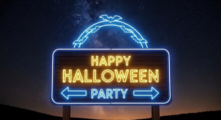Happy Halloween Party Neon Sign Against Starry Night Sky