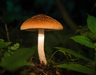 mushroom in the jungle, glowing mushroom in the night background, mushroom in the forest