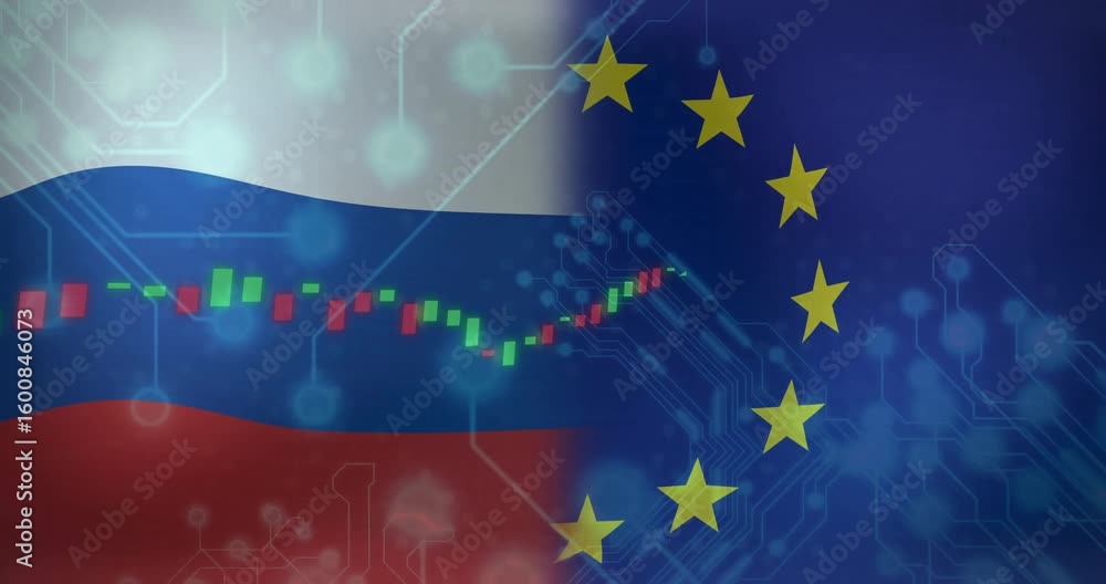 Poster after circuits fading in, candlestick chart animating, linking russia and eu flags waving